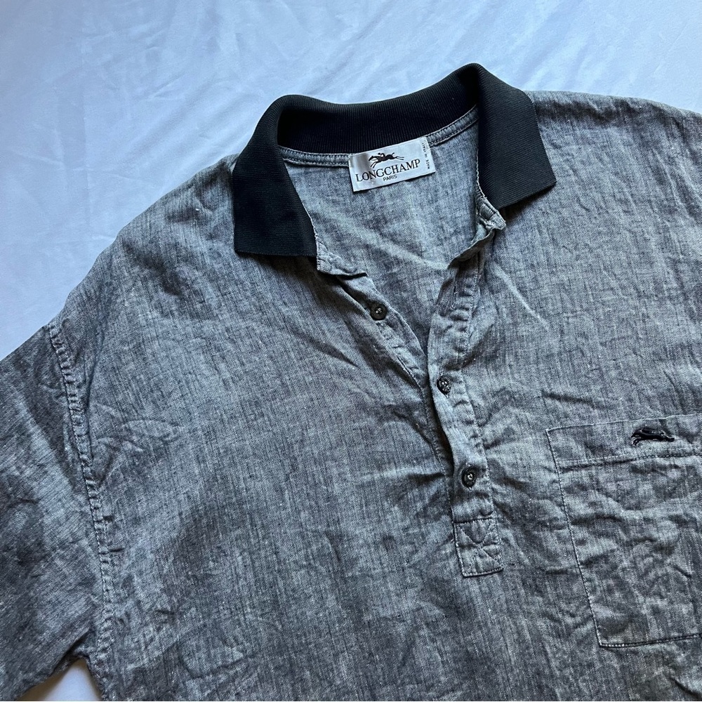 LONGCHAMP‎ vintage grey linen contrast collar short sleeve polo shirt - Picture 2 of 6